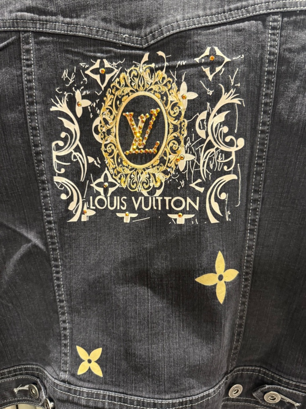 Fashion Inspired Black Denim Jacket with Gold Rhinestones and Cream Monogram